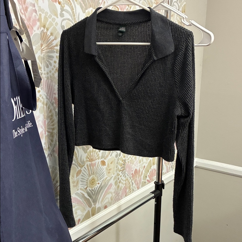 wild fable Black Ribbed Cropped Collared Sweater